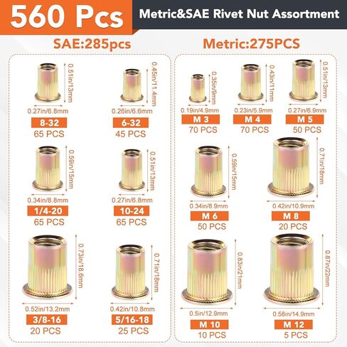 560 قطعة من صواميل التثبيت المترية وSAE، M3-M12#6-32#8-32#10-24 1/4"-20 5/16"-18 3/8"-16 صامولة من الفولاذ الكربوني المسطح برأس ملولب in Saudi Arabia