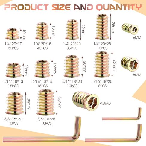191 PCS Threaded Inserts for Wood, 1/4"-20, 5/16"-18, 3/8"-16 Threaded Wood Inserts Furniture Screw Assortment, Wood Threaded Inserts with Hex Wrench in Saudi Arabia