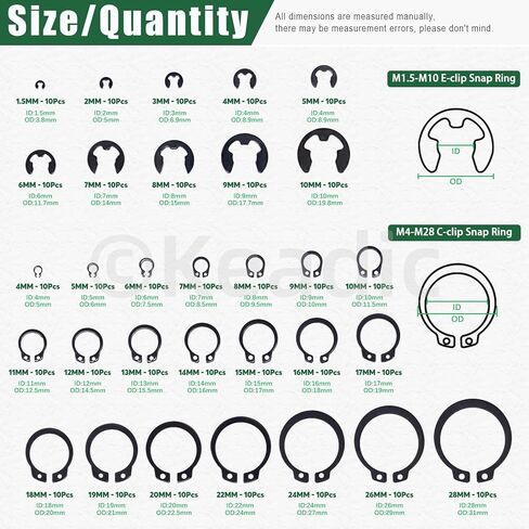 Keadic 312Pcs [M4-M28] C-Clip External Retaining Rings Snap Rings Assortment Kit & [1.5mm-10mm] E-Clip Circlip Ring Assortment Set & Pcs Snap Ring Plier with Tweezers (Alloy Steel) in Kuwait