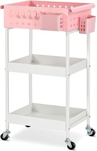 عربة تخزين دوارة من TOOLF مكونة من 3 طبقات، منظم عربة دوارة بعجلات، عربة أدوات معدنية مع لوحة تعليق/خطافات/صناديق، عربة للحمام وغرفة تخزين المطبخ بجانب السرير، باللون الأخضر in Kuwait