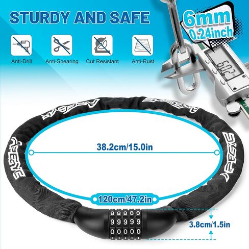 Bike Chain Lock 5 Digit Combination Bike Locks Heavy Duty Anti Theft 35.4/47.2in Longer Chain Bicycle Lock Hardened Steel Bike Lock for E-Bike, Motorcycle, Bicycle, Scooter in Saudi Arabia