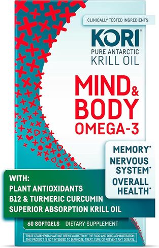Kori Krill Kori Mind & Body Omega-3 Oil Omega 3, Brain Supplements for Memory and Focus, Lutein, Zeaxanthin, B12, Tumeric Curcumin, 80 Softgels in Saudi Arabia