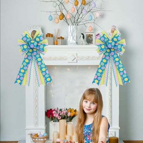 كبير عيد الفصح أقواس إكليل أقواس عيد الفصح شجرة توبر عيد الفصح اكاليل الزهور الخضراء، 11 × 19.7 بوصة ربيع عيد الفصح البيض السلكية الشريط الأقواس لإكليل الباب الأمامي داخلي الديكور في الهواء الطلق in Kuwait