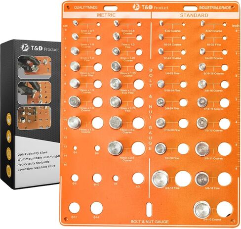 T&D 42 Holes Nut and Bolt Thread Checker inch & Metric with 8 Drill bit |15 Metric & 19 Standard Bolt and Nut Identifier Gauge | Bolt Size Finder and Thread Gauge Wall-Mountable Screw Thread Gauge in Saudi Arabia