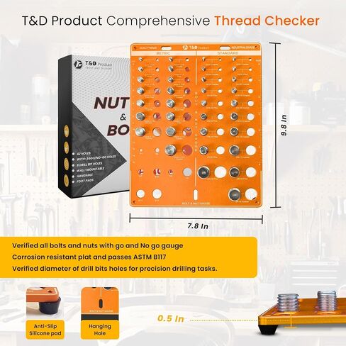 T&D 42 Holes Nut and Bolt Thread Checker inch & Metric with 8 Drill bit |15 Metric & 19 Standard Bolt and Nut Identifier Gauge | Bolt Size Finder and Thread Gauge Wall-Mountable Screw Thread Gauge in Saudi Arabia