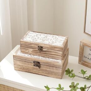 DECOR4SEASON Decorative Wooden Box with Hinged Lid - Timeless Carved Floral Storage for Rustic Farmhouse Decor, Set of 2