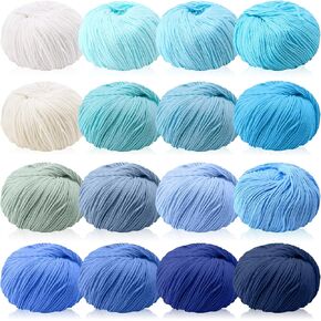 16 Skeins Cotton Yarn for Crochet Knitting Soft Fine Yarn for Blankets and Clothes Yarn for Crocheting Blankets Cotton Crochet Yarn for DIY Craft, Each 50g/185yard, 16 Colors (Blue Series)