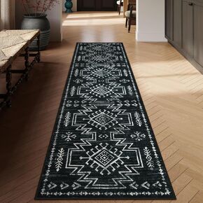 Lahome 8x10 Rugs for Living Room, Moroccan Washable Black and White Bedroom Rug, Stain Resistant Dining Room Rugs for Under Table, Low Pile Aztec Rug for Office Home Decor (Black, 8'x10')