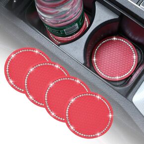 4 Pack Bling Car Coasters, 2.75 Inch Bling Crystal Rhinestone Soft Rubber Universal Anti-Slip Glitter Cup Mats Auto Drink Coaster Car Interior Decoration Accessories for Women Girls
