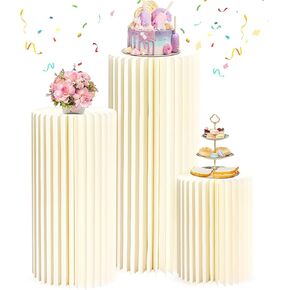 Cylinder Stands for Party 3 Pcs Round Pedestal Stand with Round Top Plate Foldable Cardboard Columns Cylinder Tables Pedestal Box for Weddings Ceremony Birthday Parties Pillars Display Decor