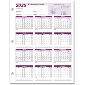 2025 Work Tracker Attendance Calendar Cards- 8 ½ X 11" Cardstock/Pack of 25 Sheets