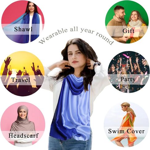 ZMC Long Silk Feeling Scarf,Smooth Gradient Scarf Stripe Lightweight Sun-proof Shawl Wrap Headscarf for Women Spring Summer in Saudi Arabia