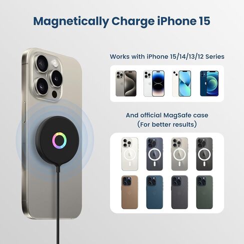 شاحن لاسلكي مغناطيسي Mag-Safe، شاحن سريع 15 وات RGB Lights لوحة شحن لاسلكية، وسادة شحن لاسلكية مغناطيسية قوية Mag-Safe مع كابل USB-C لسلسلة iPhone 15/14/13/12 - أسود in Kuwait