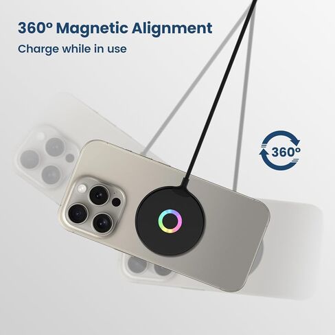شاحن لاسلكي مغناطيسي Mag-Safe، شاحن سريع 15 وات RGB Lights لوحة شحن لاسلكية، وسادة شحن لاسلكية مغناطيسية قوية Mag-Safe مع كابل USB-C لسلسلة iPhone 15/14/13/12 - أسود in Kuwait