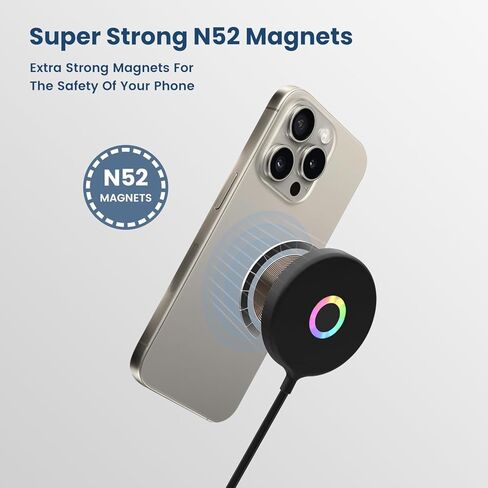 شاحن لاسلكي مغناطيسي Mag-Safe، شاحن سريع 15 وات RGB Lights لوحة شحن لاسلكية، وسادة شحن لاسلكية مغناطيسية قوية Mag-Safe مع كابل USB-C لسلسلة iPhone 15/14/13/12 - أسود in Kuwait