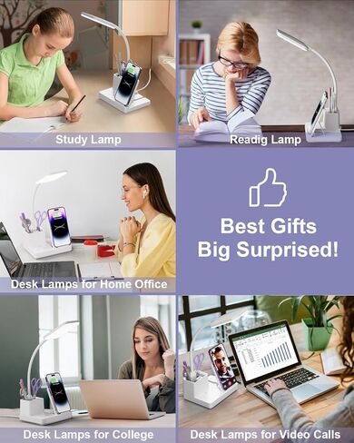 مصباح مكتب Sailstar مع منفذ شحن USB لشاحن لاسلكي، مصابيح مكتب LED للمكتب المنزلي، 800 لومن 3 أوضاع إضاءة حامل قلم قابل للتعتيم 360 درجة معقوفة، ضوء مكتب للعناية بالعين لغرفة النوم الجامعية، أسود in Kuwait