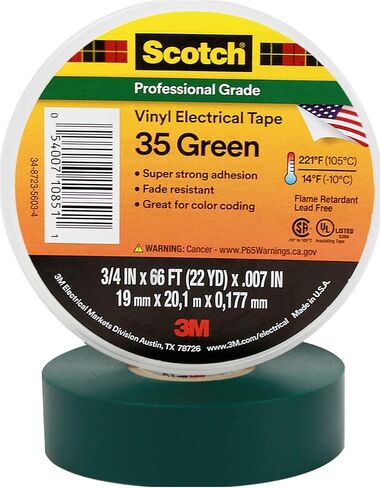 Scotch Vinyl Color-Coding Electrical Tape 35, Green Color, Professional Grade, Non Corrosive, Rubber-Based Adhesive, 3/4 in x 66 ft in Saudi Arabia