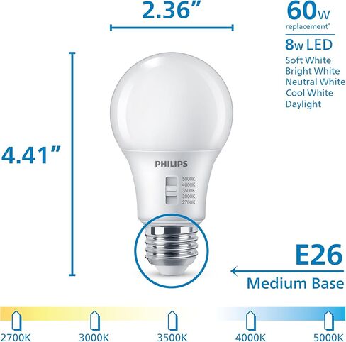 Philips LED A19 Selectable White Dimmable LED Light Bulbs - Flicker Free 60w Light Bulbs with EyeComfort Technology - Soft White 6500K Lightbulb - 1500 Lumen - E26 Base - 4 Pack in Saudi Arabia