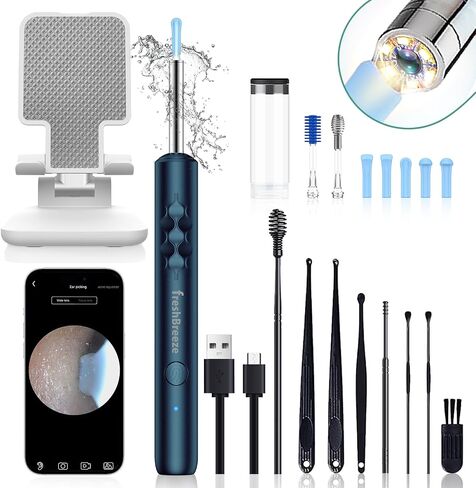 Ear Wax Removal Tool - Ear Cleaner with Camera and Bracket Smart Visual Earwax Removal Kit with Light Ear Spoon 8 Pcs Ear Set for Daily Ear Pick, Ear Cleaning Earwax Cleaner for iOS & Android (Black) in Saudi Arabia