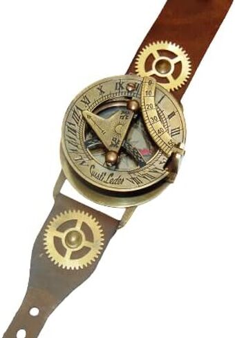Calvin Handicrafts ® Handmade Brass Gusti, Leather Bracelet with Steampunk Watch Nautical Brass Sundial Compass Wrist Watch Working Sundial Compass Adult Compass in Saudi Arabia