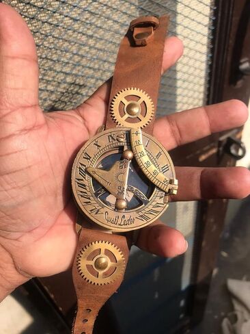 Calvin Handicrafts ® Handmade Brass Gusti, Leather Bracelet with Steampunk Watch Nautical Brass Sundial Compass Wrist Watch Working Sundial Compass Adult Compass in Saudi Arabia