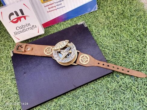 Calvin Handicrafts ® Handmade Brass Gusti, Leather Bracelet with Steampunk Watch Nautical Brass Sundial Compass Wrist Watch Working Sundial Compass Adult Compass in Saudi Arabia