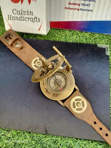 Calvin Handicrafts ® Handmade Brass Gusti, Leather Bracelet with Steampunk Watch Nautical Brass Sundial Compass Wrist Watch Working Sundial Compass Adult Compass in Saudi Arabia