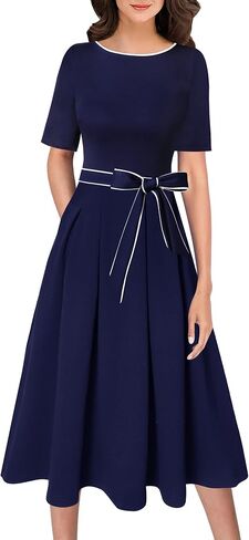 VFSHOW Womens Elegant Patchwork Pockets Pleated Work Office Business Casual Party Belted A-Line Midi Dress in Kuwait