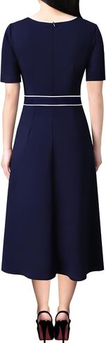 VFSHOW Womens Elegant Patchwork Pockets Pleated Work Office Business Casual Party Belted A-Line Midi Dress in Kuwait