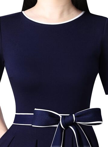VFSHOW Womens Elegant Patchwork Pockets Pleated Work Office Business Casual Party Belted A-Line Midi Dress in Kuwait
