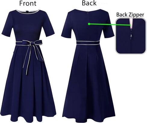VFSHOW Womens Elegant Patchwork Pockets Pleated Work Office Business Casual Party Belted A-Line Midi Dress in Kuwait