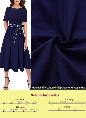 VFSHOW Womens Elegant Patchwork Pockets Pleated Work Office Business Casual Party Belted A-Line Midi Dress in Kuwait