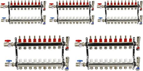 صمام خط الوسط NQT109-5 PEX مشعب 1/2 بوصة لنظام التدفئة المشع؛ مع الصمامات، والفتحات، وأجهزة القياس، وأقواس التثبيت؛ الفولاذ المقاوم للصدأ. 9 منافذ (5 عبوات) in Saudi Arabia