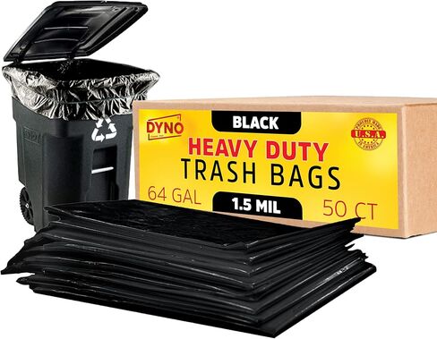 Dyno Products Online 64 Gallon Heavy Duty Trash Bags, 50 Count, 1.5 Mil Black - Individually Folded, Industrial Strength, Made in USA in Saudi Arabia