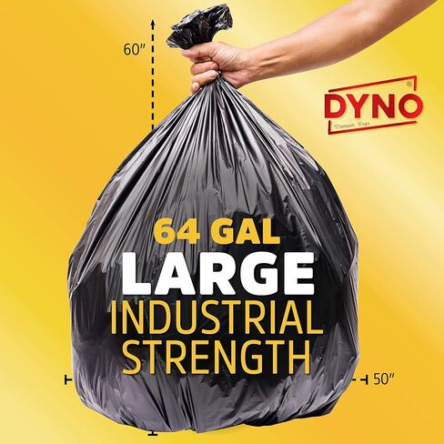 Dyno Products Online 64 Gallon Heavy Duty Trash Bags, 50 Count, 1.5 Mil Black - Individually Folded, Industrial Strength, Made in USA in Saudi Arabia