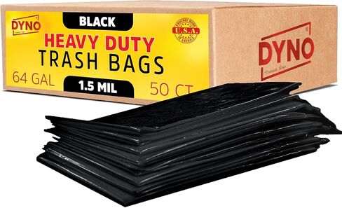 Dyno Products Online 64 Gallon Heavy Duty Trash Bags, 50 Count, 1.5 Mil Black - Individually Folded, Industrial Strength, Made in USA in Saudi Arabia