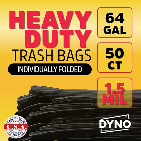 Dyno Products Online 64 Gallon Heavy Duty Trash Bags, 50 Count, 1.5 Mil Black - Individually Folded, Industrial Strength, Made in USA in Saudi Arabia