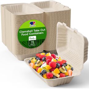 JOLLY CHEF Clamshell Take Out Food Containers, [75-Pack 9 * 6" ] To Go Containers, 100% Compostable Disposable Paper Containers, Sugarcane To Go Boxes for Salad,Lunch