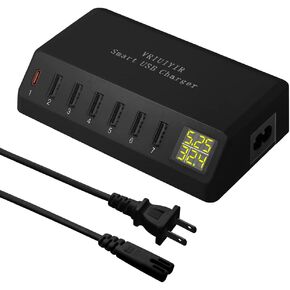 USB Charging Station, 60W/12A 7-Port USB Charger Station with LED Display for Multiple Devices PD20W USB C Charger for All iPad iPhone14/13/12 Pixel Galaxy Tablet Headphones and More (Black)