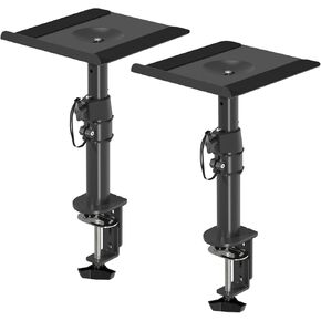 suptek Clamp-on Speaker Stand Desk Mount Set, 9.6 x 8.8 inch Trays, Height Adjustment and Tilt, Universal Audio Holders for Computer and Bookshelf Speakers, Elevated Sound, 2 Pack, Black, SDM001B