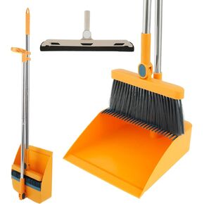 Broom and Dustpan Set for Home, 180° Rotating Broom Combo with Comb Teeth, Foldable Stand Dust Pans, Long Handle Broom and Dustpan Combo Set for Cleaning Kitchen Room Office Lobby Floor (Blue)