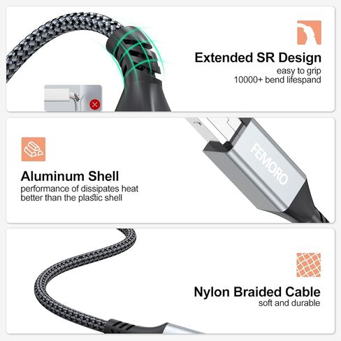 FEMORO Printer Cable 10 Feet, USB A to B Printer Cable USB 2.0 Type B Cables Long Cord Braided for Hp Canon Brother Dell Lexmark Xerox Dac Piano Midi Controller Computer in Saudi Arabia