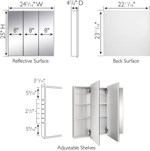 خزانة طبية للحمام القبرصي مقاس 36 بوصة من Design House، خزانة متينة مثبتة على الحائط تم تجميعها مسبقًا مع أبواب مرآة بدون إطار، أبيض، 590265 in Kuwait