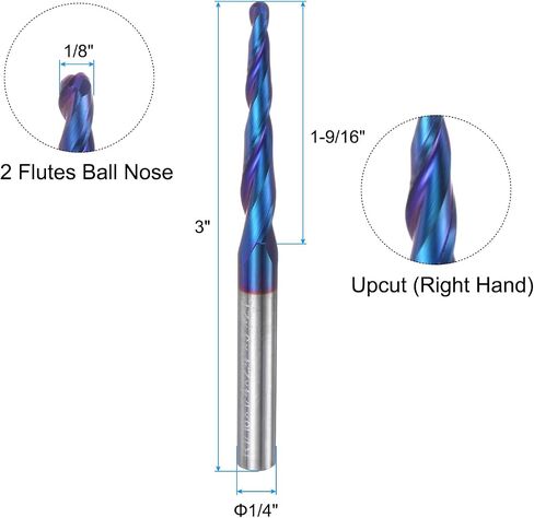 uxcell Tapered Ball Nose End Mill CNC Router Bit, 1/16" Radius 1/4" Shank Solid Carbide Coated Upcut Spiral 2 Flutes Cutter Milling Tool, 1/8" Dia 3" Total Length in Saudi Arabia