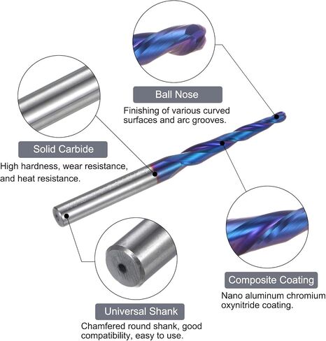 uxcell Tapered Ball Nose End Mill CNC Router Bit, 1/16" Radius 1/4" Shank Solid Carbide Coated Upcut Spiral 2 Flutes Cutter Milling Tool, 1/8" Dia 3" Total Length in Saudi Arabia