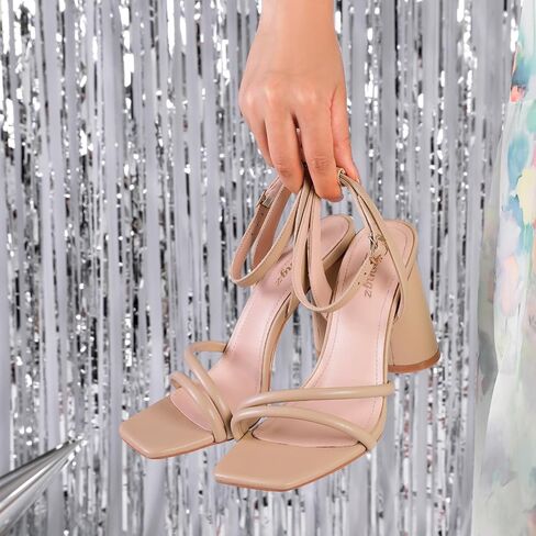 RIBONGZ Block Heels Prom Heeled Sandals for Women Chunky Square Open Toe Strappy High Heels Ankle Strap Wedding Bridal Shoes High Heel Sandals for Party Dress in Saudi Arabia