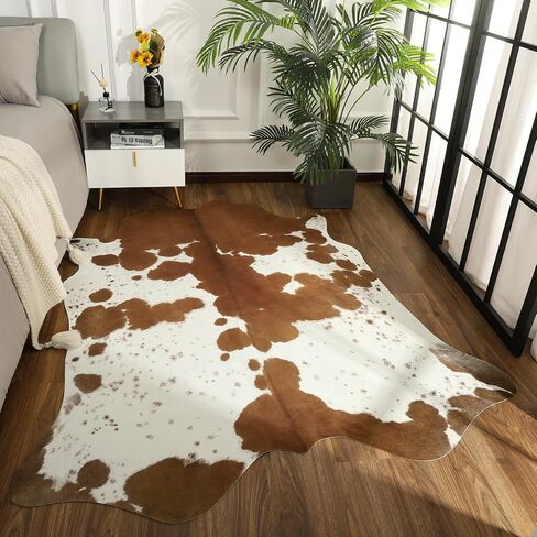 Faux Cowhide Rugs, 5.2x6.2 Feet Large Cow Print Area Rug for Living Room Bedroom, Western Decor Carpet Animal Printed Mat for Dining Office Home Decor, Brown in Saudi Arabia