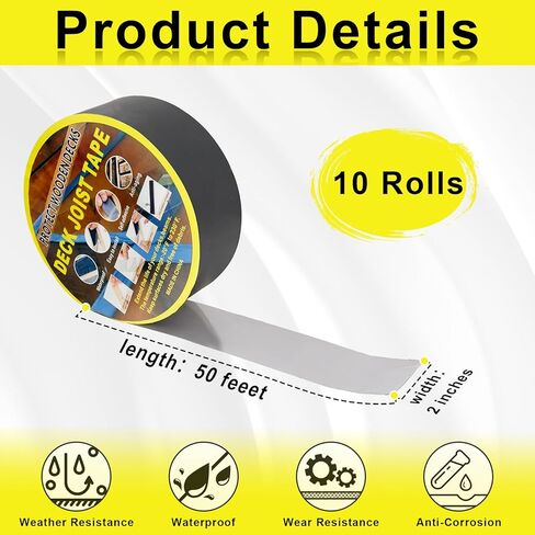 Gekufa Joist Tape for decking 2''×50', 10 Pack Weather-Resistant Deck Joist Tape, Waterproof and Anti-Corrosion sealant Deck Tape, Suitable for Wooden Decks, Outdoor Decks, beamed Roofs in Kuwait