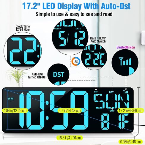 TXL 17.2" Large Digital Wall Clock Bluetooth Sync Time, LED Wall Clock with Date and Temperature, Count Up/Down Timer Clock with Remote Control, Adjustable Brightness Alarm Clock in Saudi Arabia