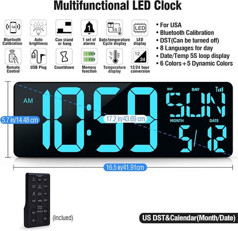 TXL 17.2" Large Digital Wall Clock Bluetooth Sync Time, LED Wall Clock with Date and Temperature, Count Up/Down Timer Clock with Remote Control, Adjustable Brightness Alarm Clock in Saudi Arabia